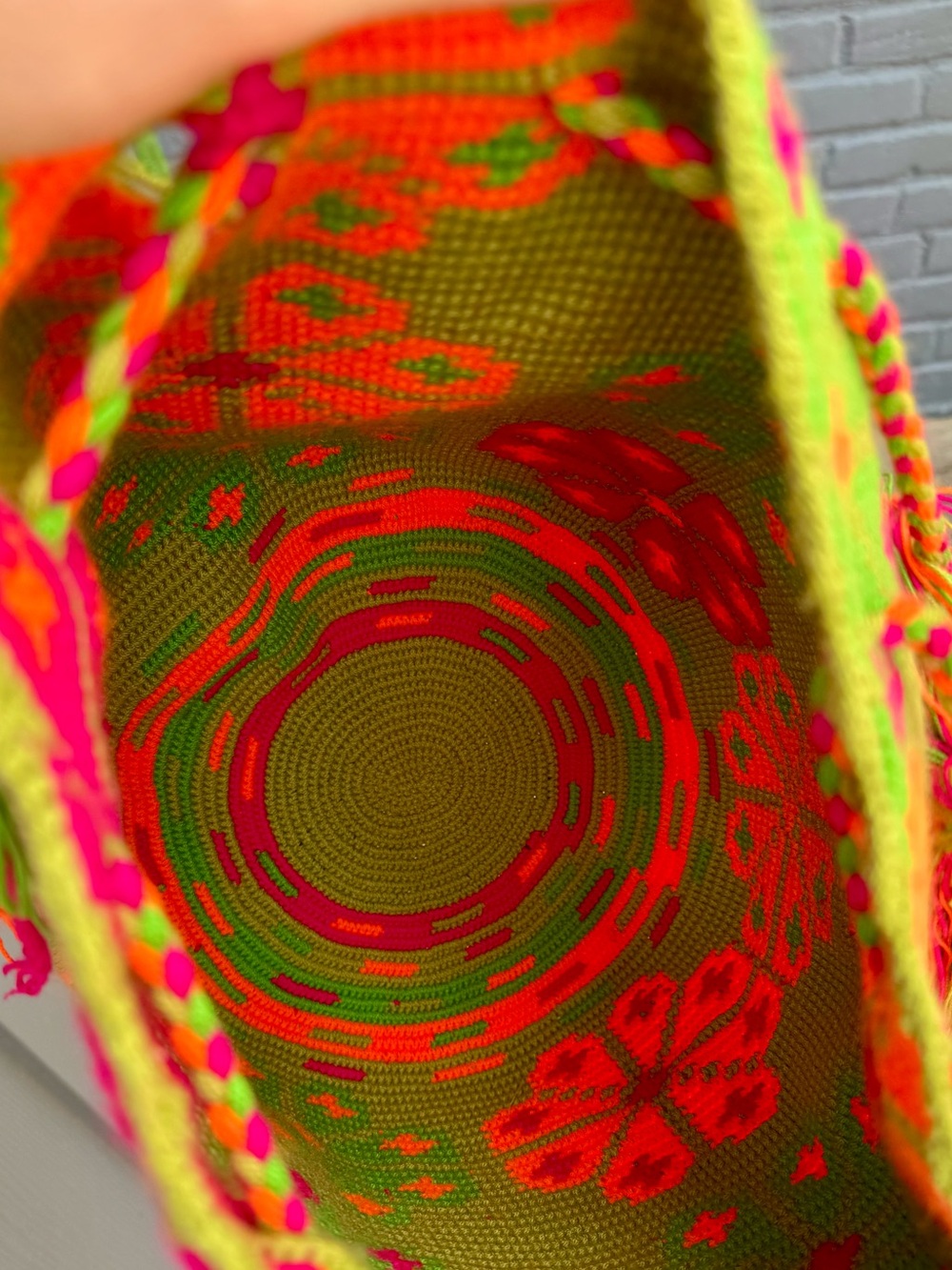 Colombian Wayuu Mochila Crossbody Bag | Green & Neon Pink Knit (Handwoven Boho) - Picture 15 of 17